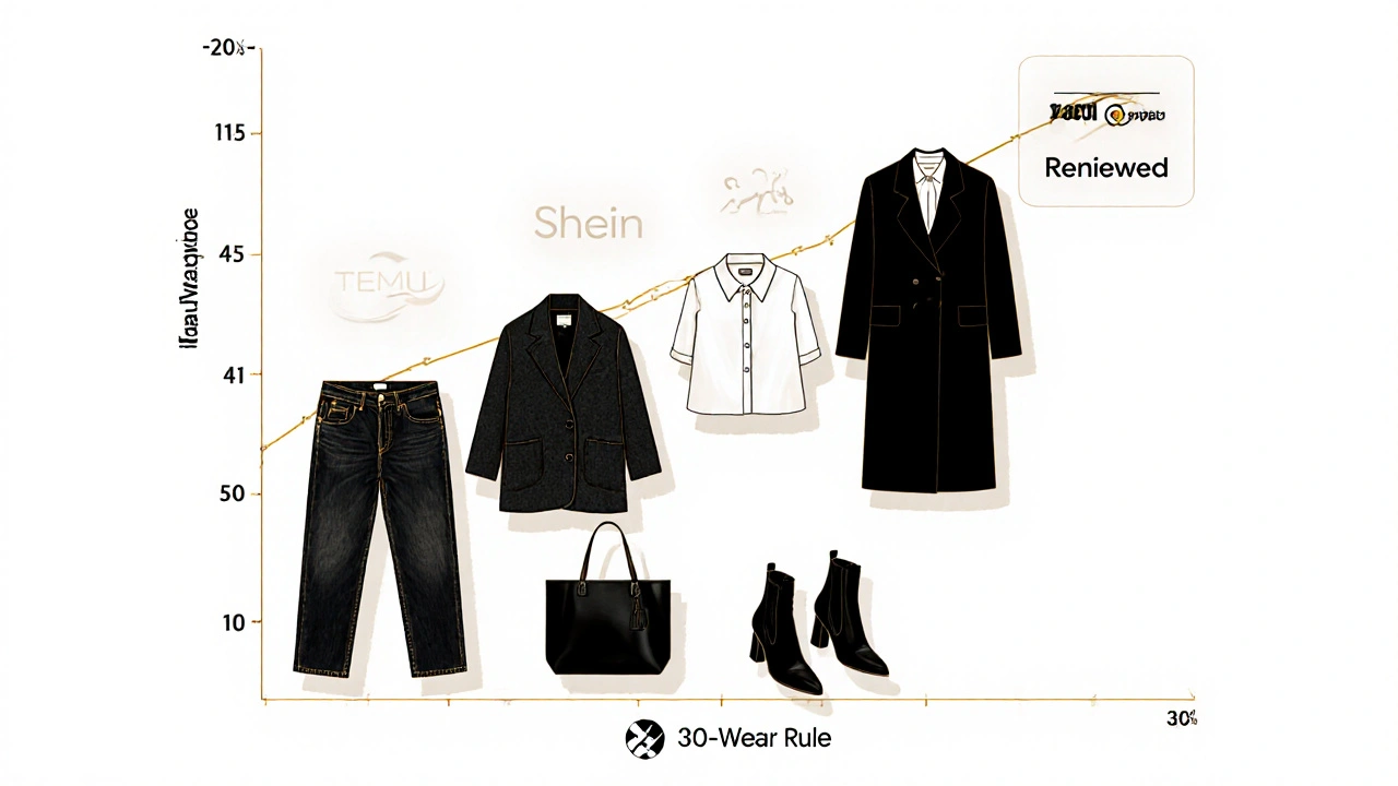 Five timeless wardrobe pieces forming a rising graph symbolizing long-term value.