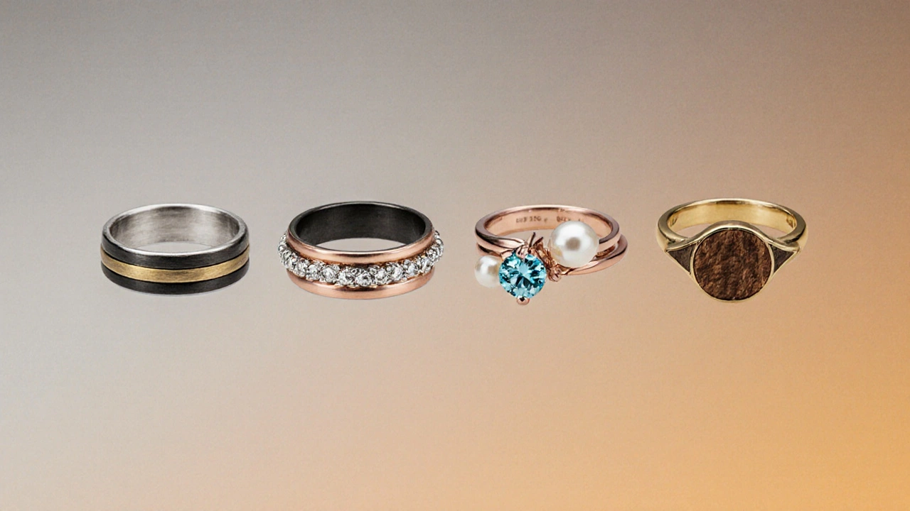 Four seasonal ring combinations arranged in a row, each representing winter, spring, summer, and fall.