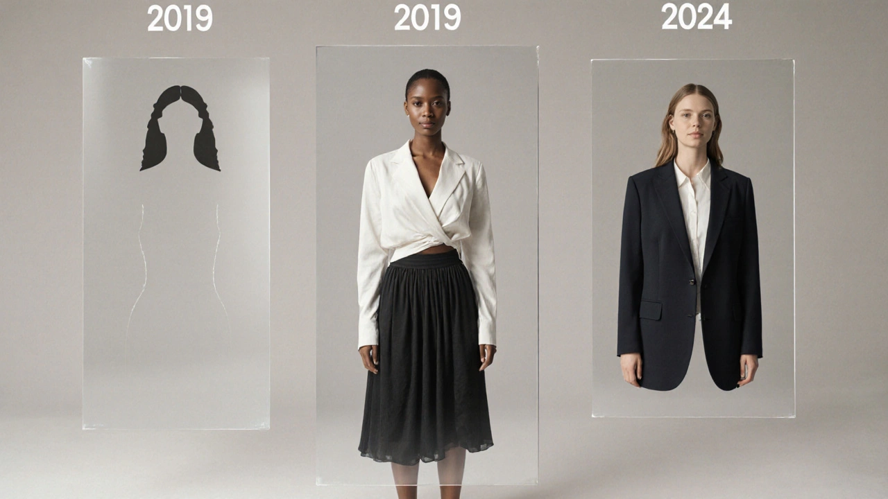 Four transparent overlays showing a body shape shifting from hourglass to pear over five years.