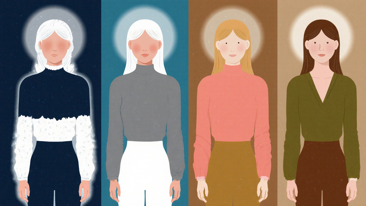 Four women dressed in seasonally adjusted versions of five universal colors, each representing Winter, Summer, Spring, and Autumn.