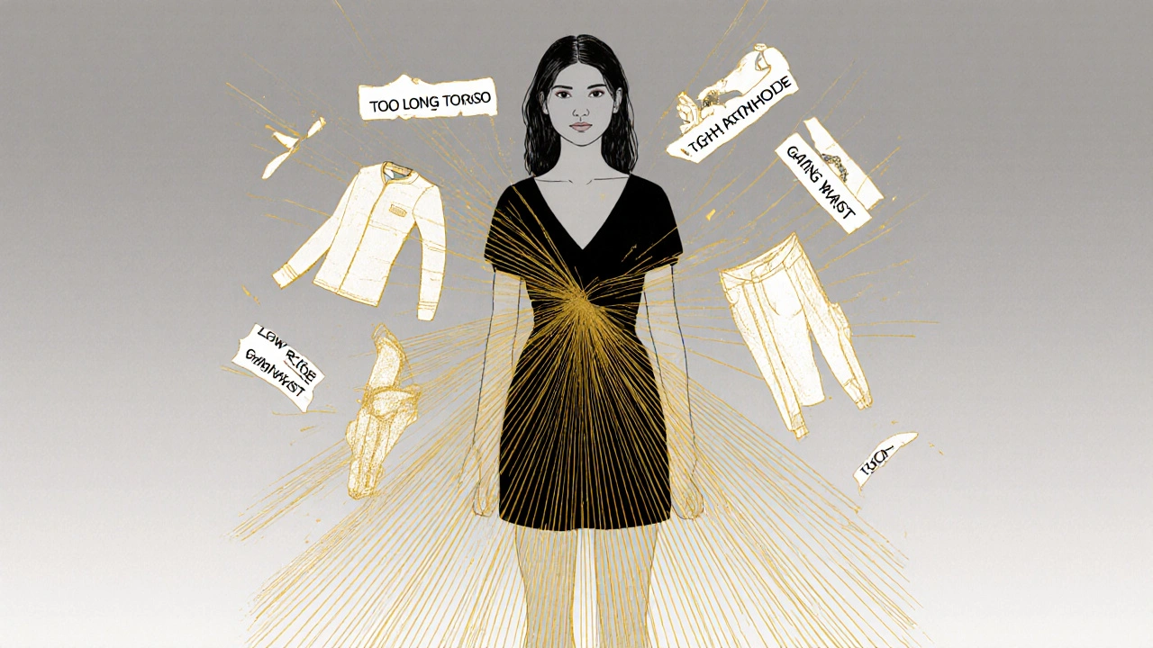 Fragmented clothing pieces transforming into a perfectly tailored dress around a woman&#039;s silhouette.