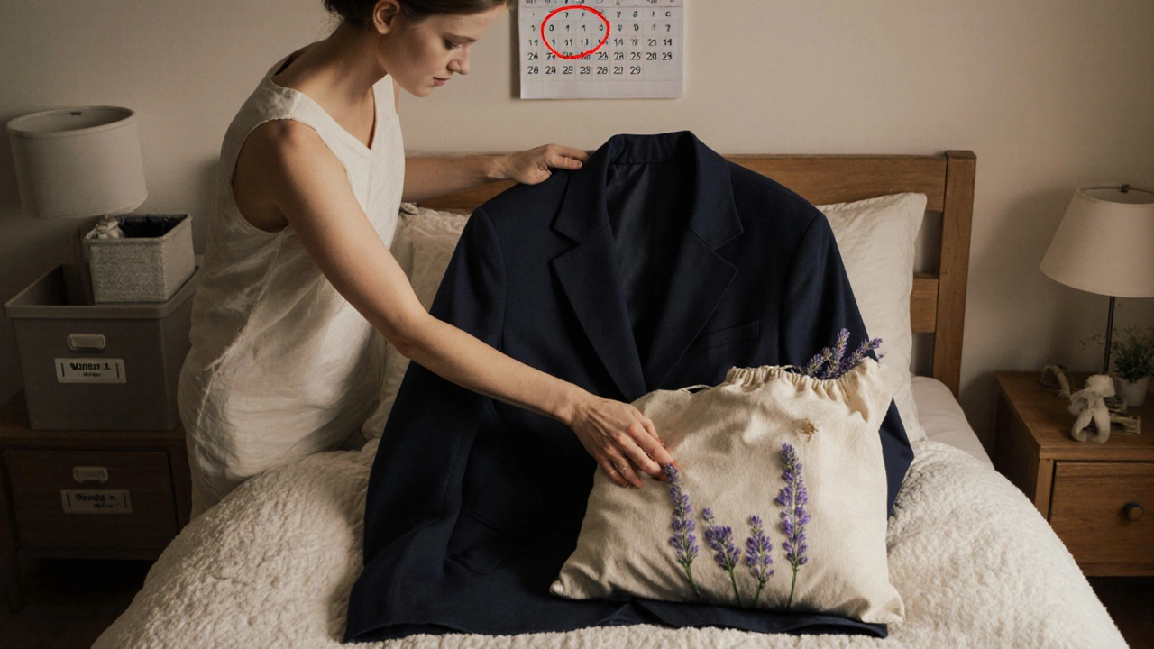 Hands folding a blazer into a cotton storage bag with lavender sachets, labeled bins under bed, calendar marked for September.