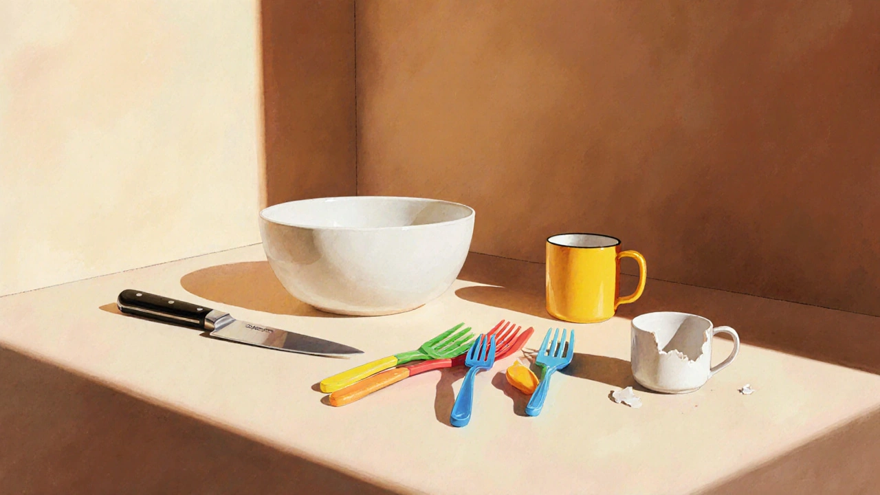 Kitchen counter metaphor with a sharp knife and ceramic bowl as investment pieces, plastic utensils discarded nearby.