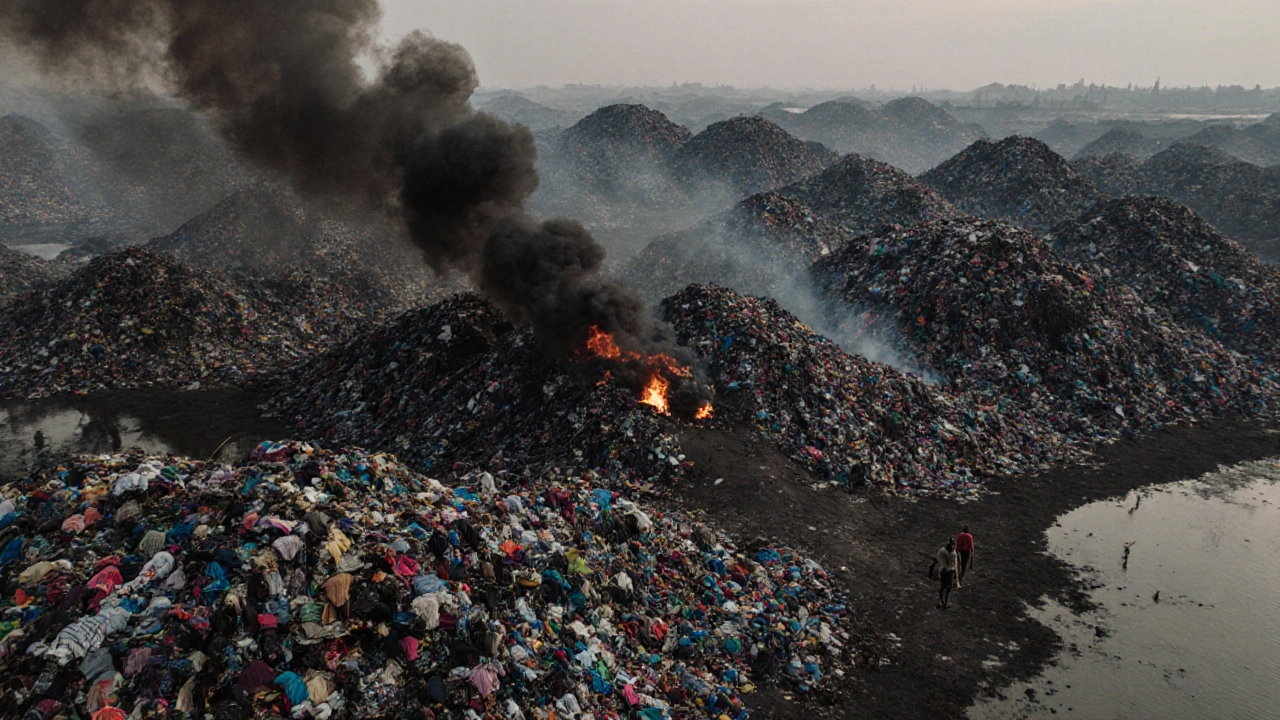 Massive clothing landfill in Ghana with burning garments and smoke rising into the sky.