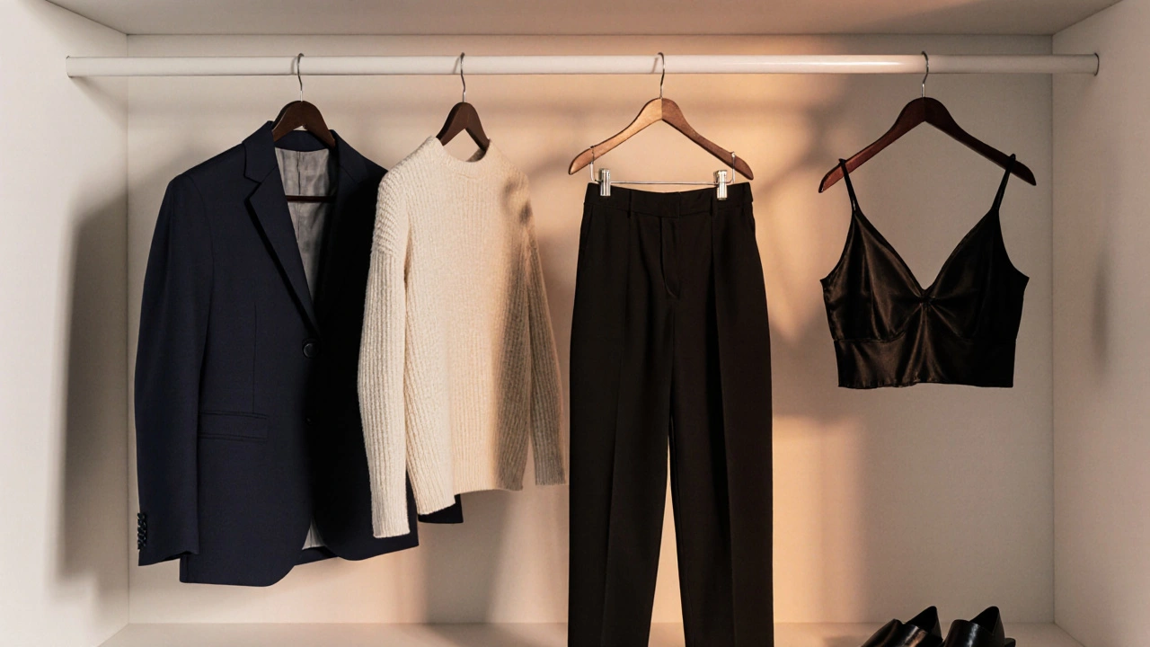 Minimalist closet display of five versatile pieces: blazer, trousers, two tops, and shoes, lit to show day-night duality.