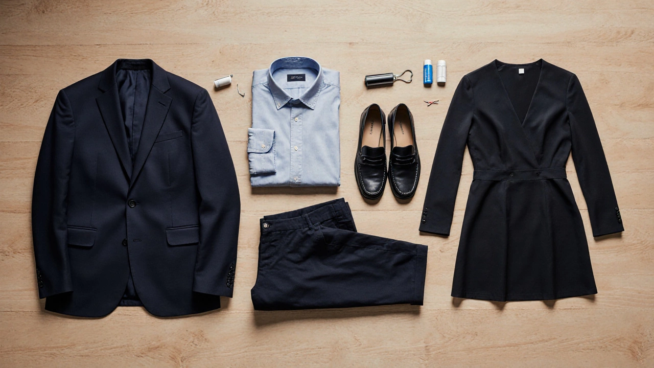 Minimalist professional wardrobe arranged as a toolkit with essential accessories nearby.