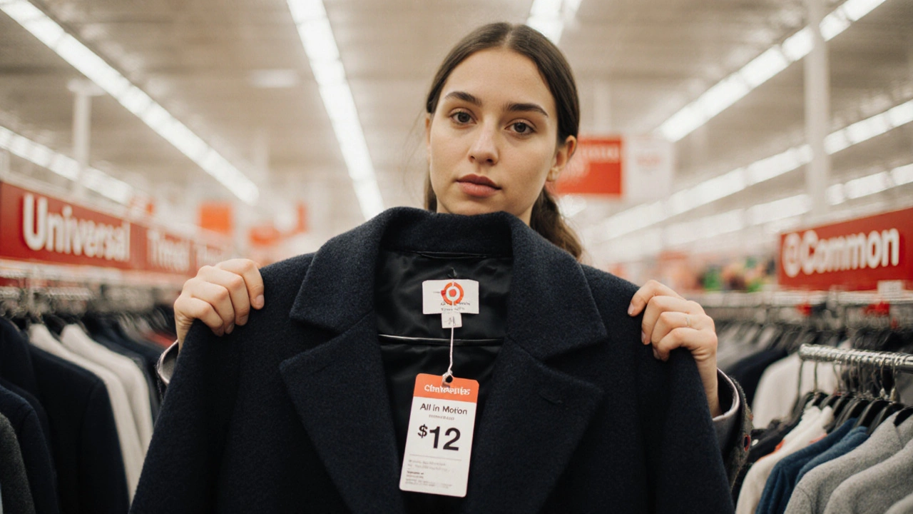 Person holding a discounted wool coat at Target with minimalist clothing displays.