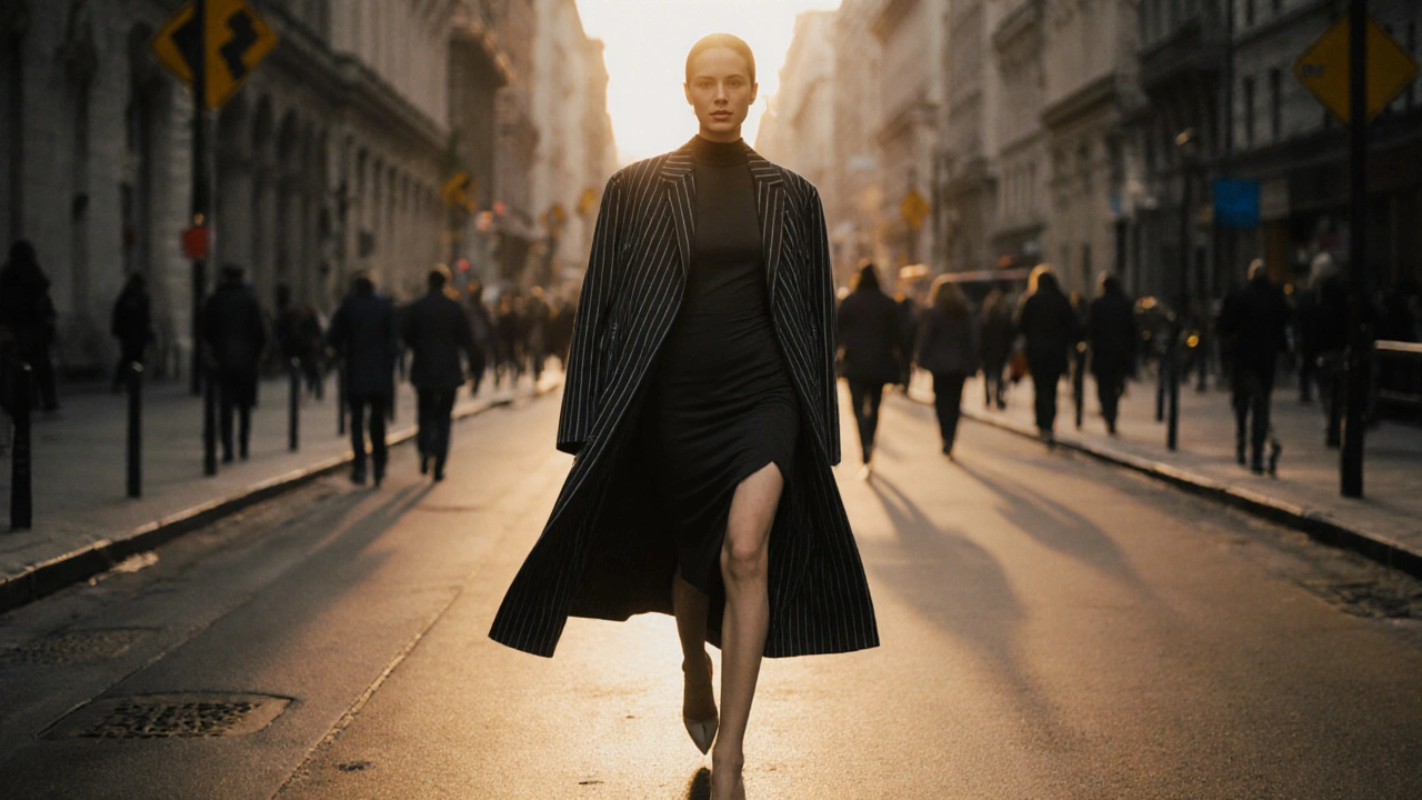 Person walking confidently in a longline coat over a fitted dress, creating a flowing vertical silhouette.