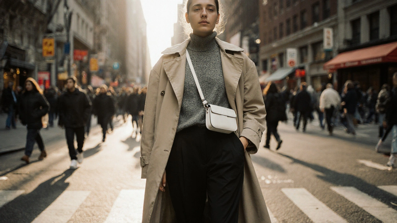 Person walking in New York City wearing a minimalist capsule wardrobe with only a small bag.