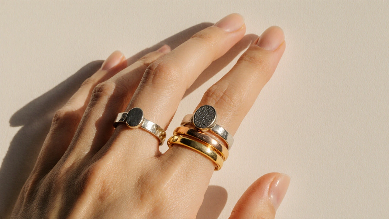 Rings worn across index, ring, and pinky fingers with varied metals and textures in natural light.