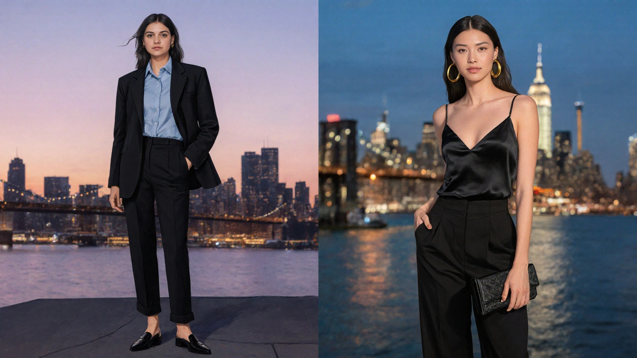 Split-image of a woman transforming from daytime to nighttime look with same trousers and swapped top and shoes.