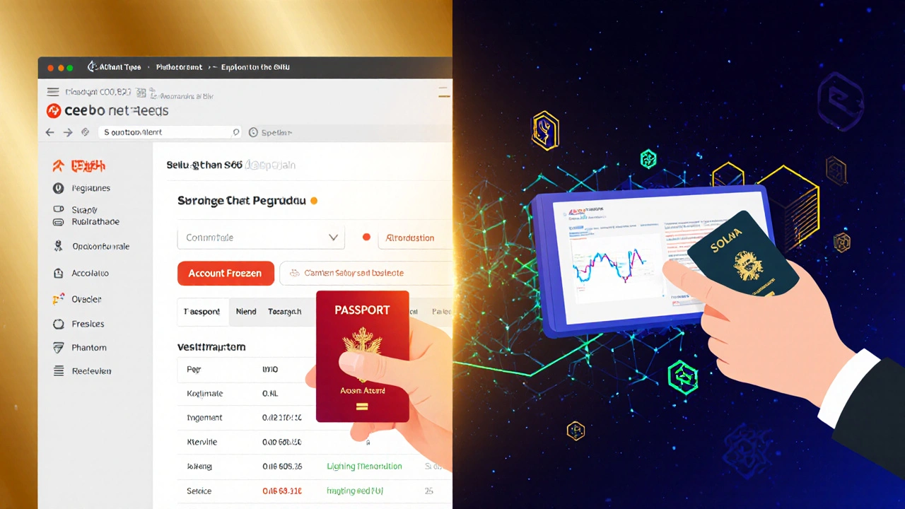 Split screen: frozen exchange account vs. smooth decentralized trade with wallet animation.