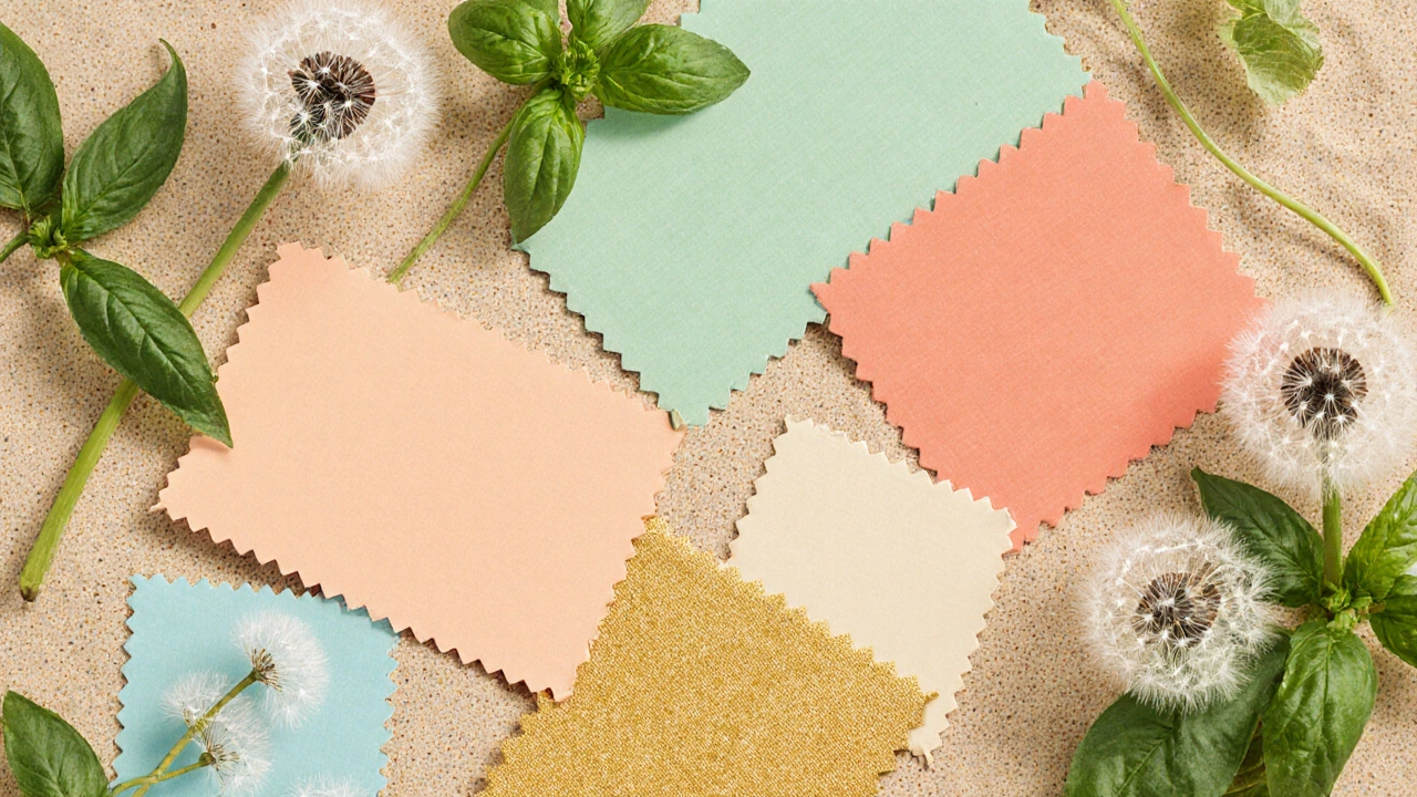 Spring color palette with soft peach, warm mint, and golden beige fabrics among flowers and sand.