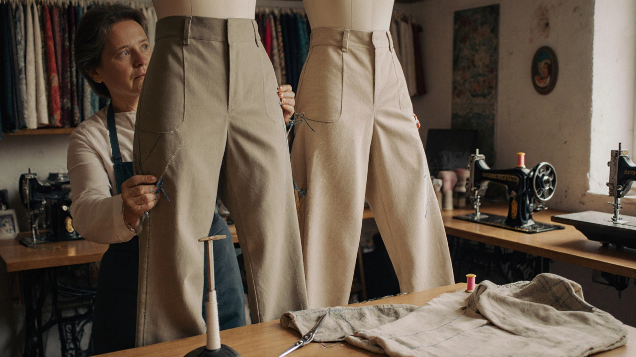 Tailor pinning trousers on a curvy mannequin in a cozy workshop with fabric and tools.