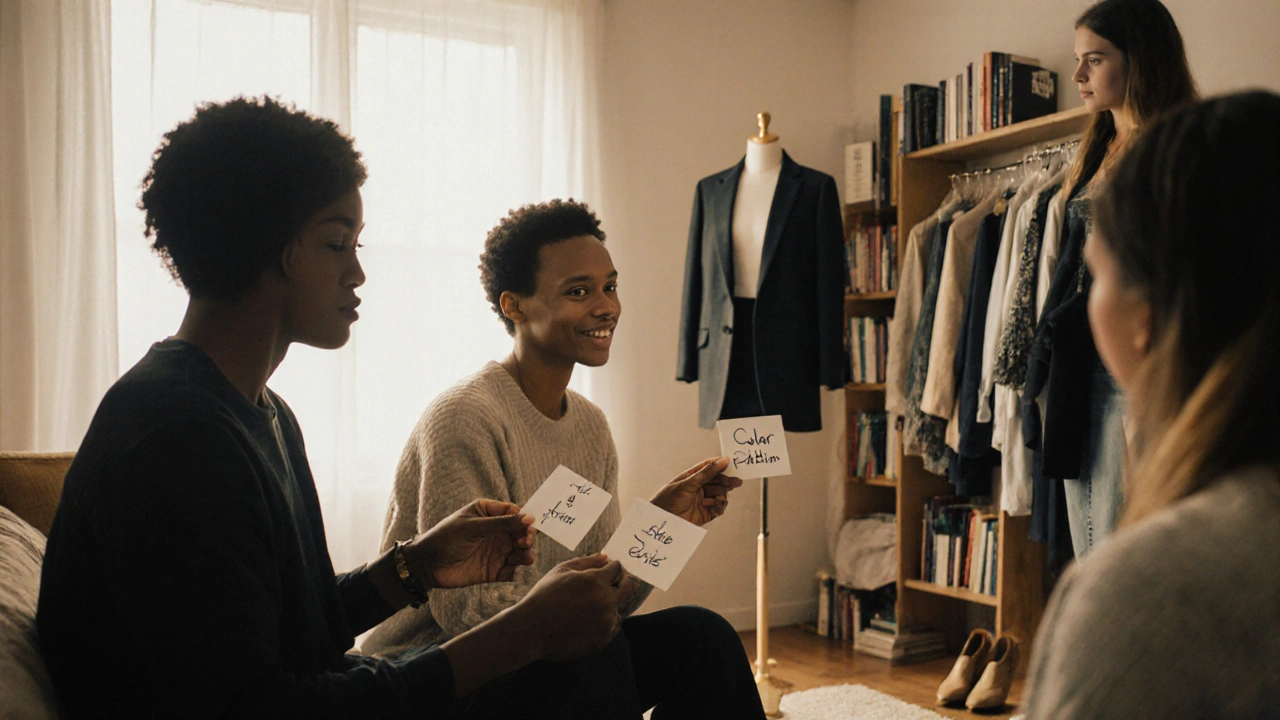 Three people giving style feedback in a living room, one holding up an outfit on a mannequin.