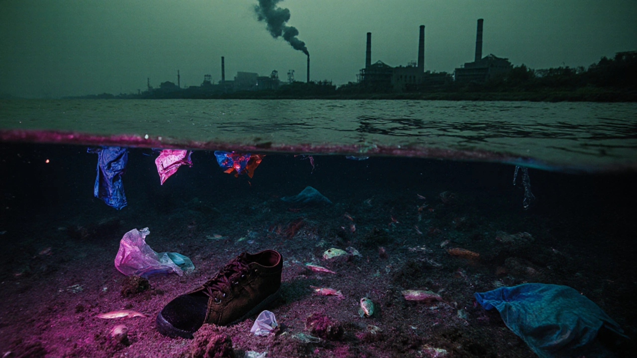 Toxic river polluted with dye runoff and floating clothing, dead fish, and factory smoke in the distance.