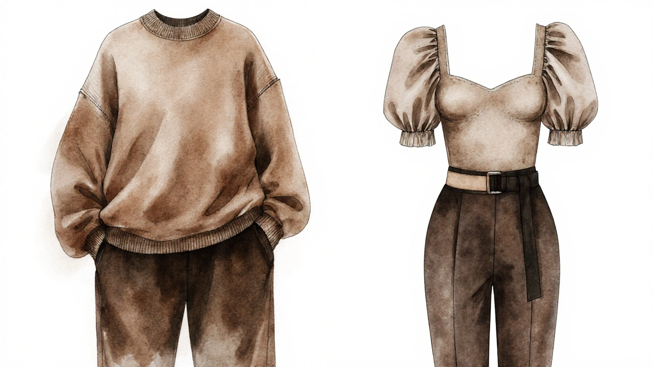 Two clothing styles compared: one shapeless and one balanced with puff sleeves and tailored pants.