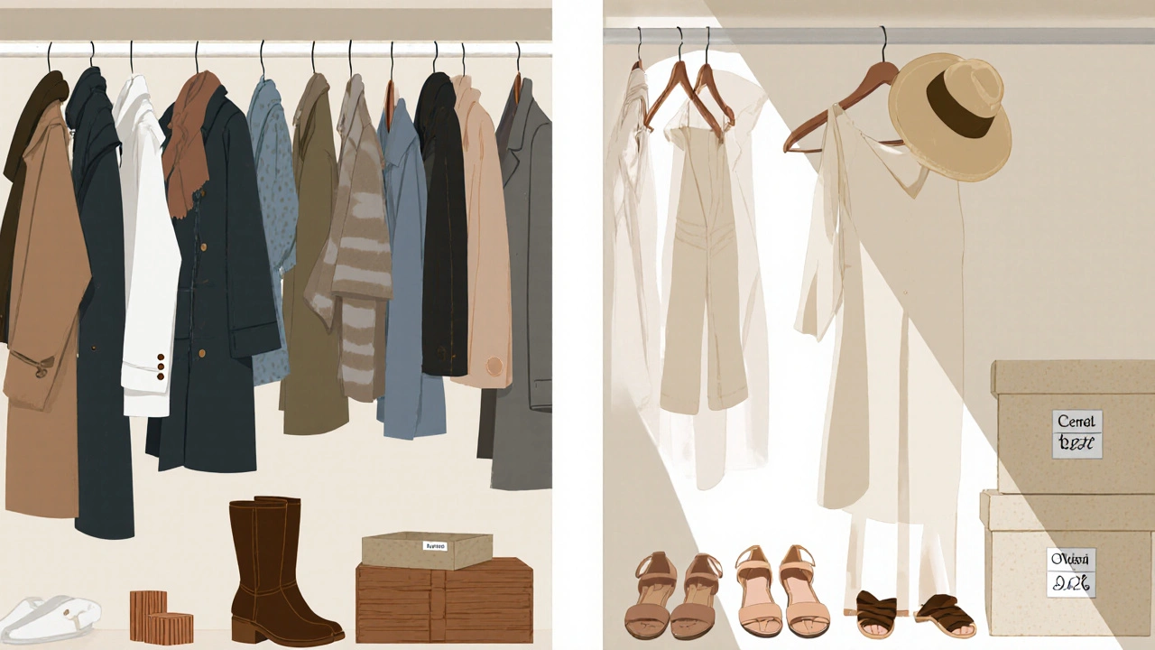 Two organized closet sides: winter gear on left, summer clothes on right, labeled bins in background.