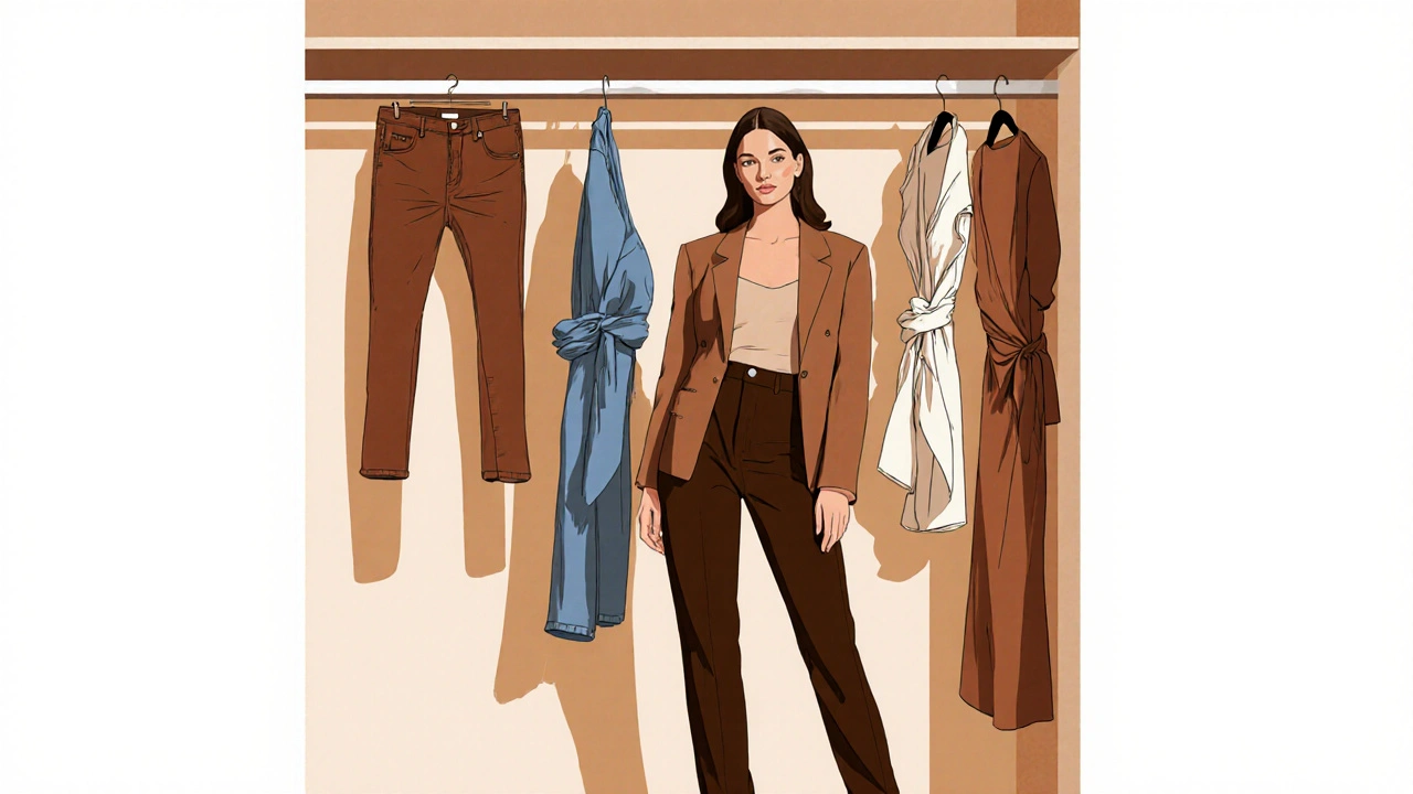 Woman confidently wearing a blazer and high-waisted pants, with outdated clothes in the background.