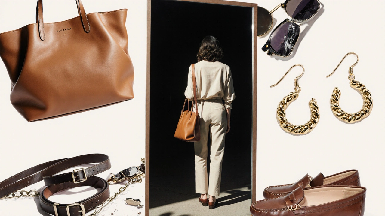 Woman in mirror with three high-quality accessories, faded broken accessories in shadow behind her.