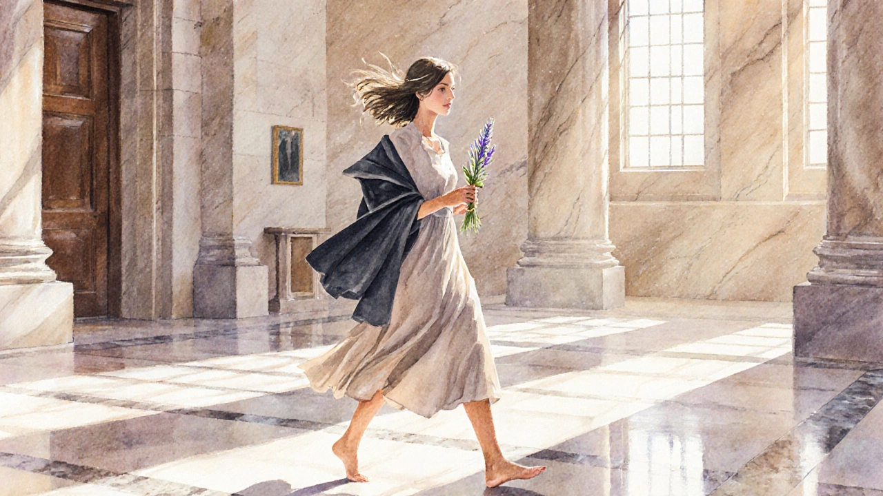 Woman in taupe midi dress and charcoal blazer walking barefoot in marble courthouse lobby with a sprig of lavender.