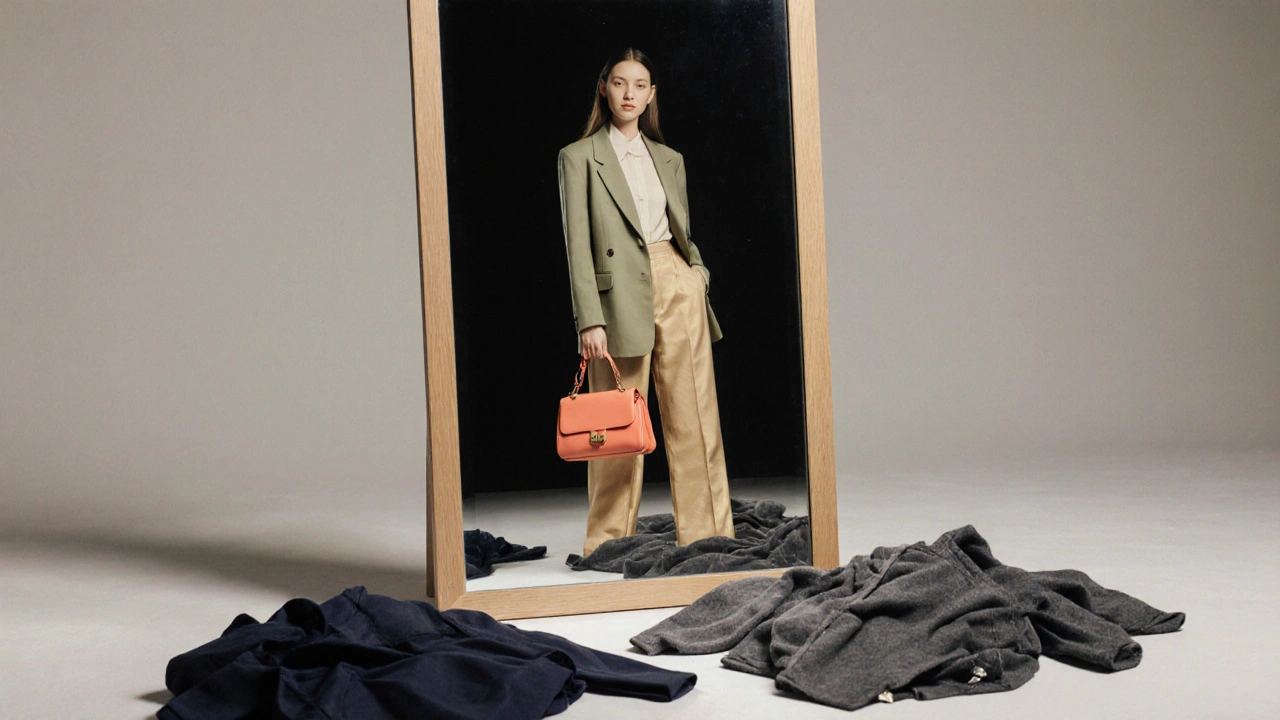Woman looking in mirror wearing spring colors, with cool-toned clothes discarded behind her.