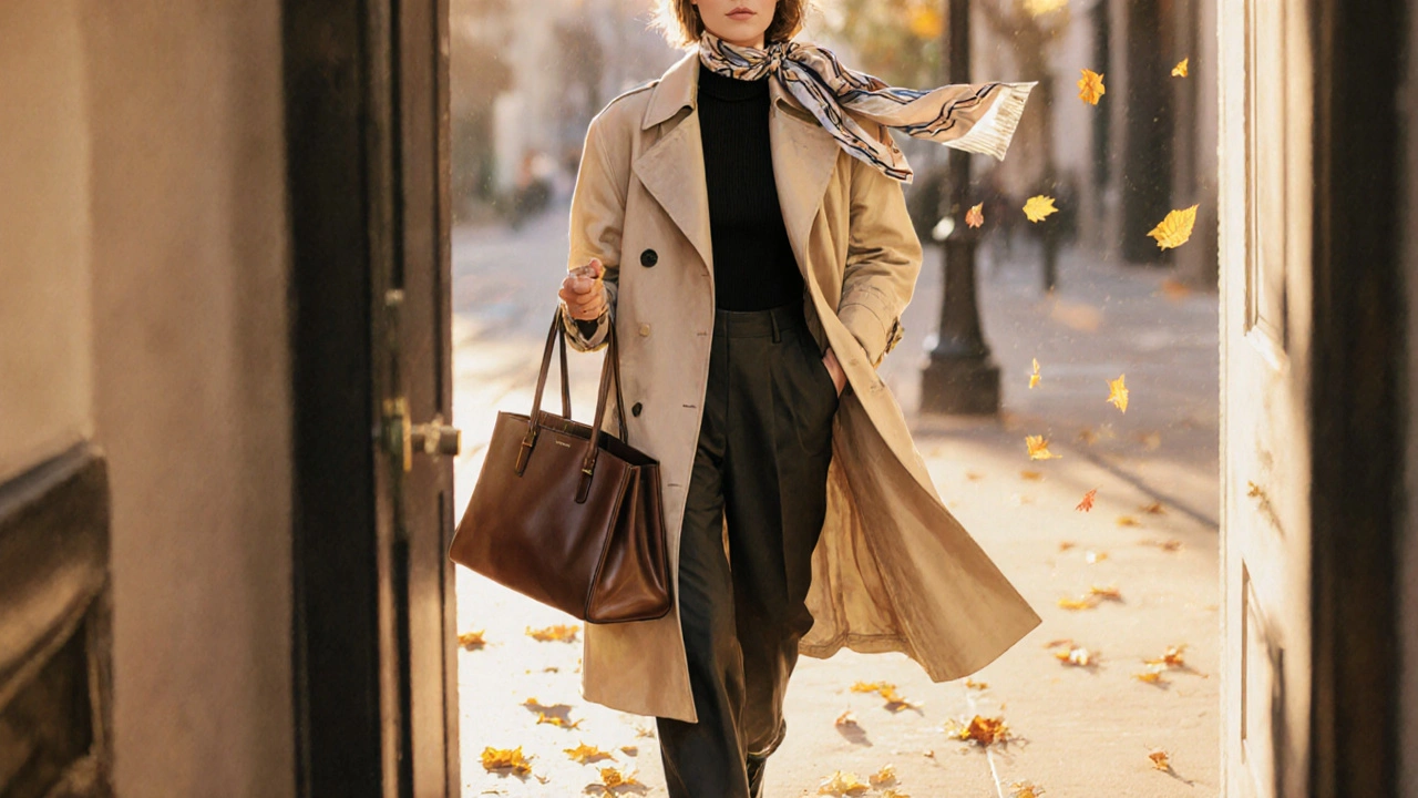 Woman walking confidently in a beige trench coat, black turtleneck, and trousers, carrying a leather tote in autumn light.