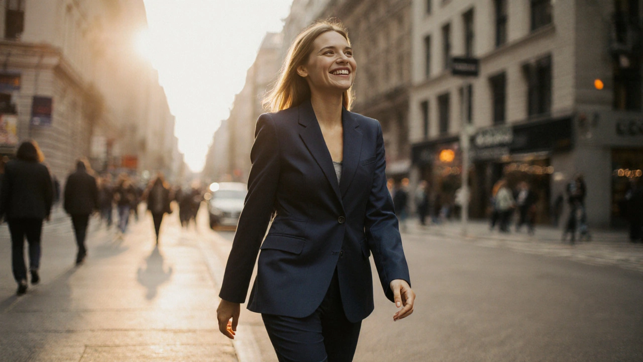 Woman walking confidently in tailored blazer and trousers on a city street at sunset.