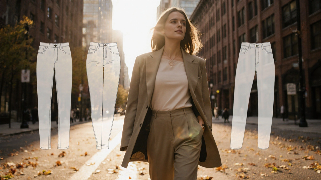 Woman walking in Chicago wearing tailored trousers, ghosted images of four bottom types behind her.