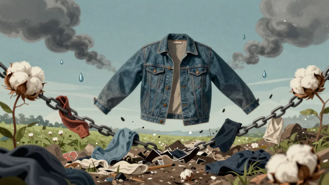 A 1970s denim jacket floating above a landfill as fast fashion chains break apart below.