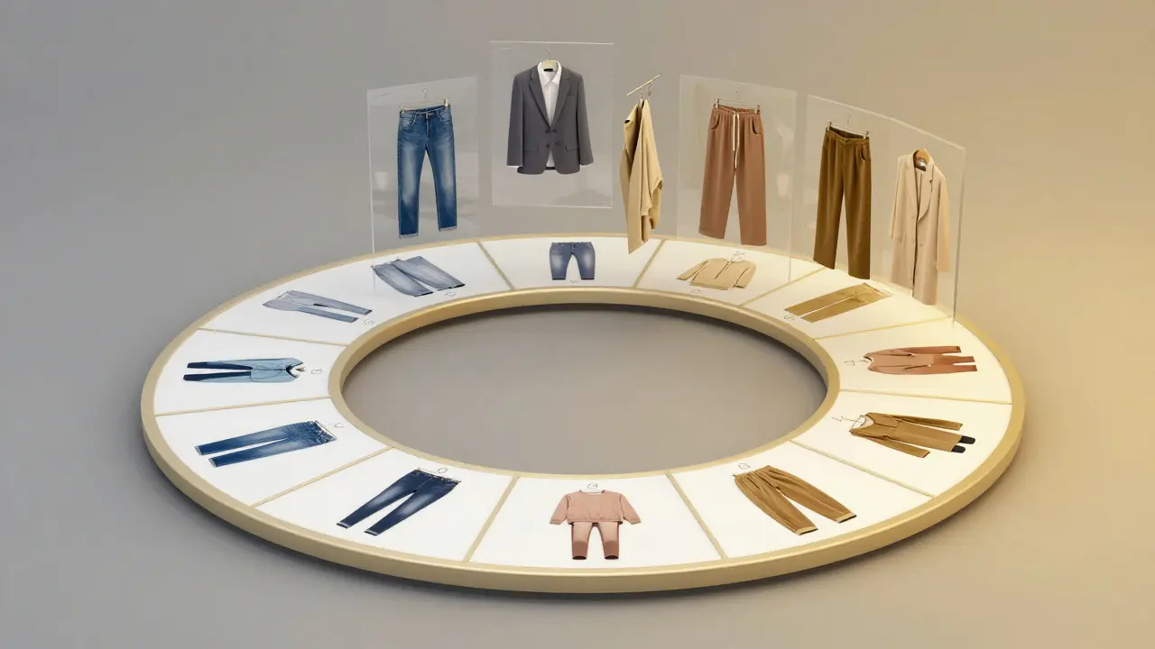A circular wardrobe clock with seven daily outfits, symbolizing a rotating system for everyday wear.