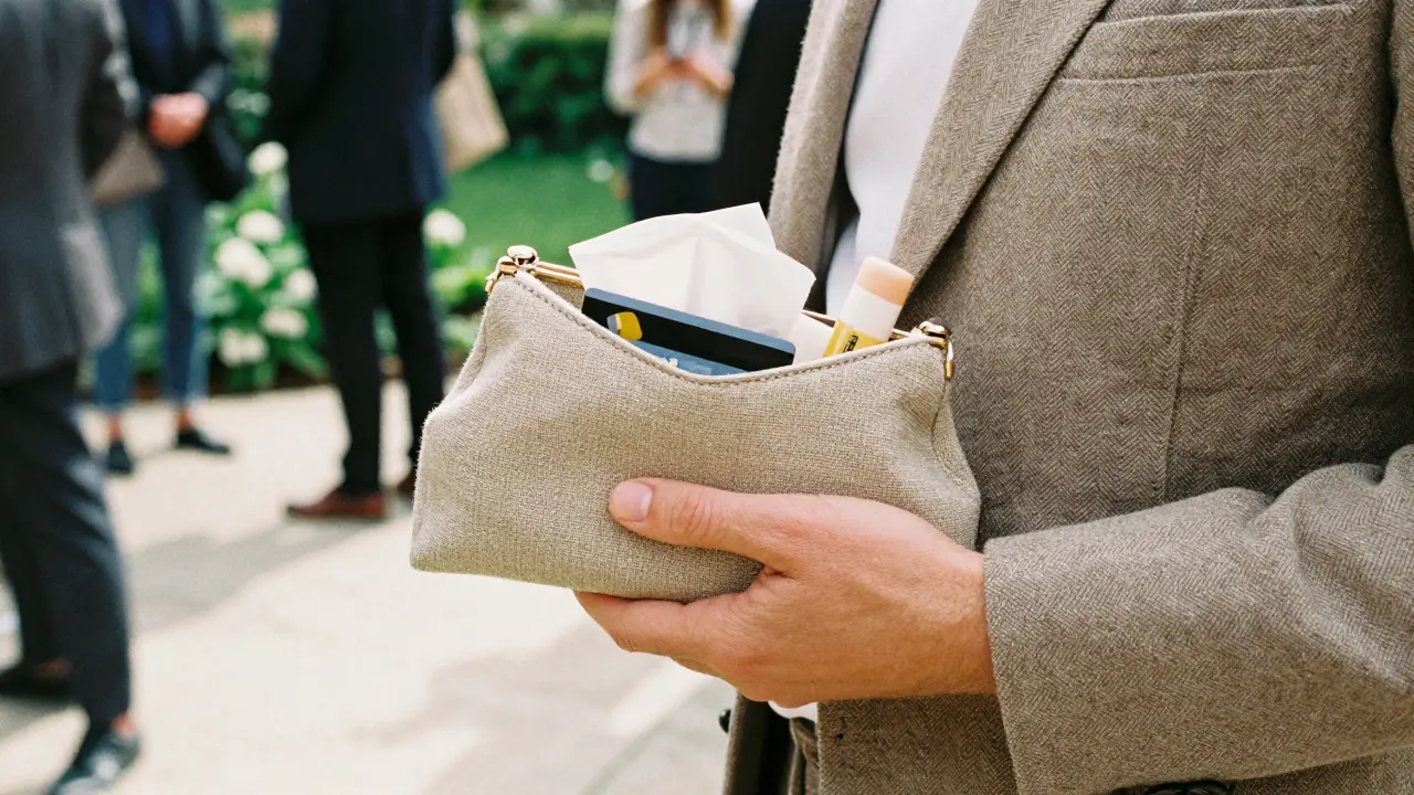 A close-up of a woven beige clutch in a hand, with minimal contents visible against a garden backdrop.