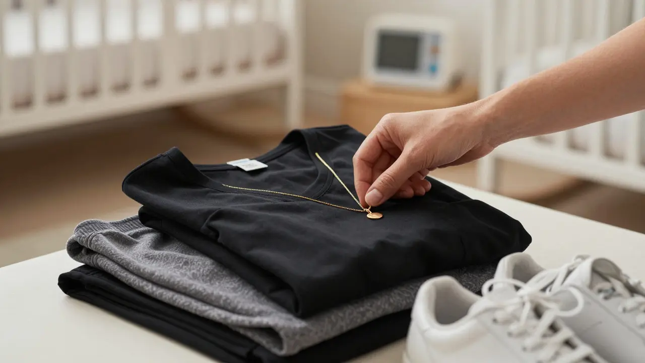 A gold necklace rests on a nursing top beside worn leggings and sneakers, symbolizing quiet self-care.