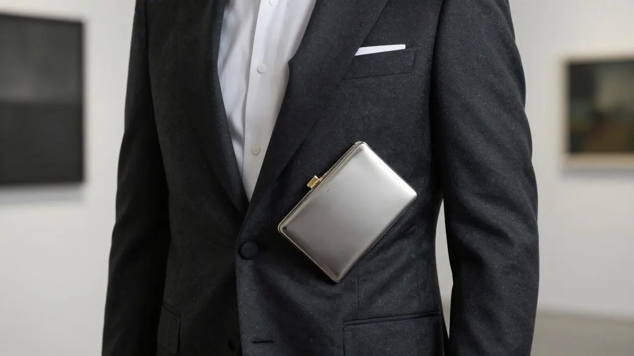 A man's blazer pocket with a slim metal clutch lying flat inside, paired with a tailored tuxedo.