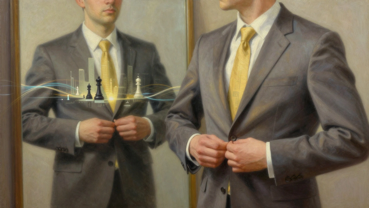 A man buttoning a blazer as his reflection shows an abstract landscape of strategy and ambition, symbolizing mental transformation.