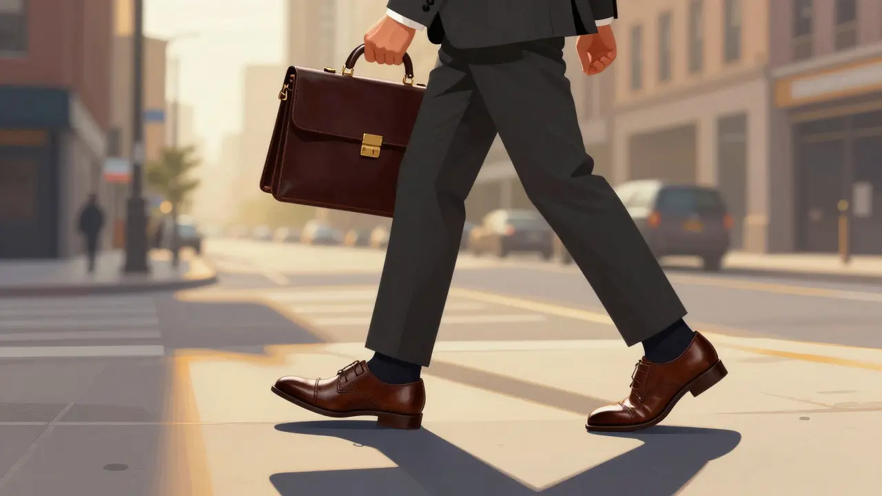 A man in a charcoal suit walking through a city street at dusk, wearing dark brown monk strap shoes.