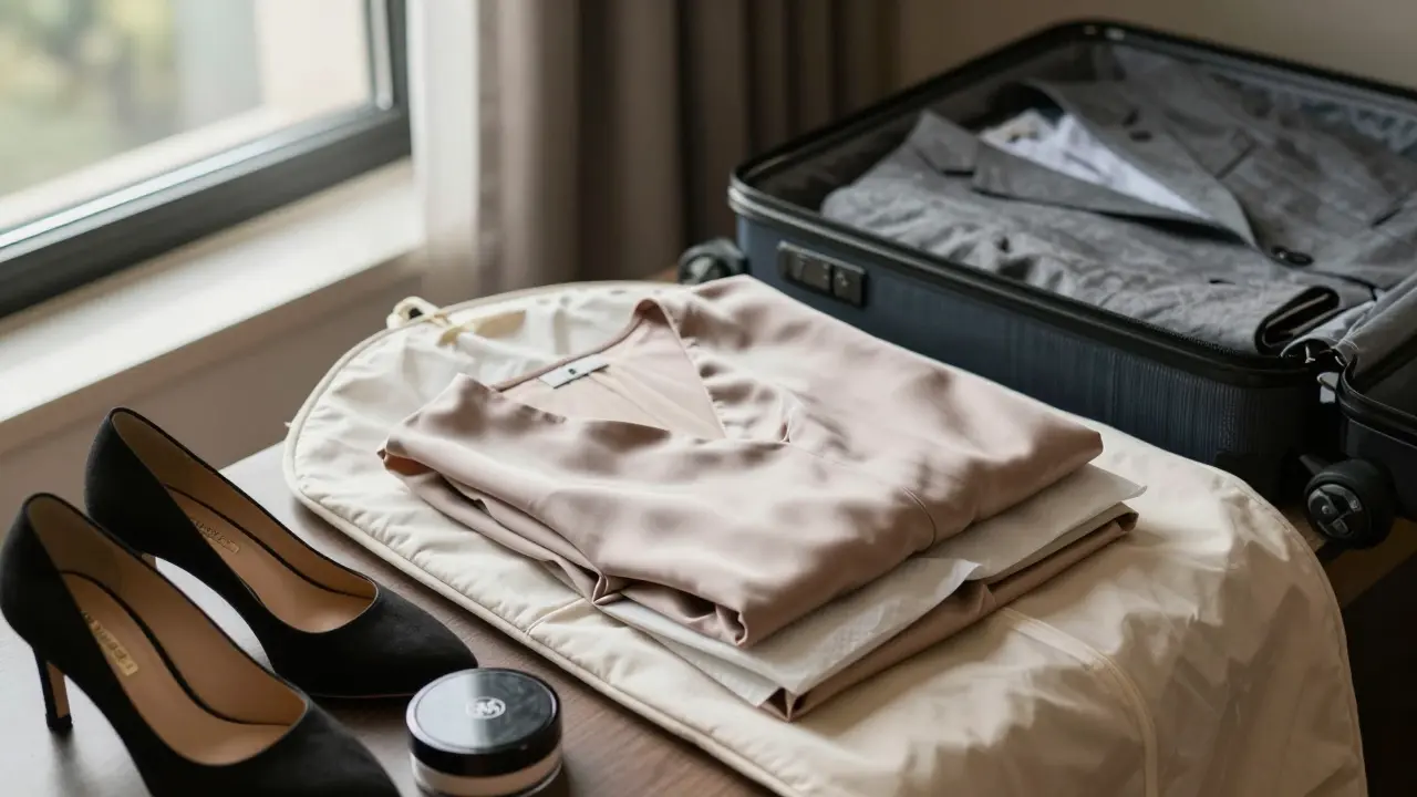 A silk dress neatly packed in a garment bag with tissue paper and a travel steamer beside it.