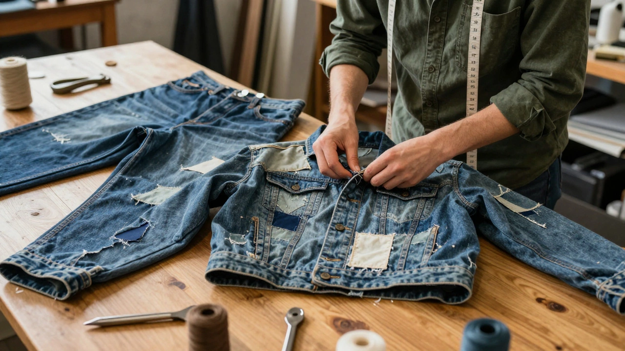 A tailor repairing denim using fabric from retired pants in a cozy workshop.