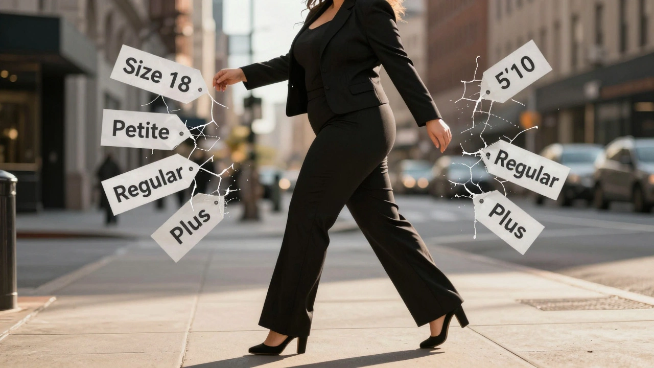 A tall curvy woman walking confidently in perfectly fitted tall-plus pants, with fading outdated size labels dissolving around her.