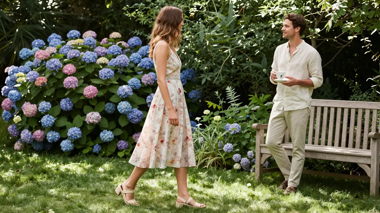 A woman in a floral midi dress walking through a sunlit garden, wearing espadrilles and enjoying a summer afternoon.