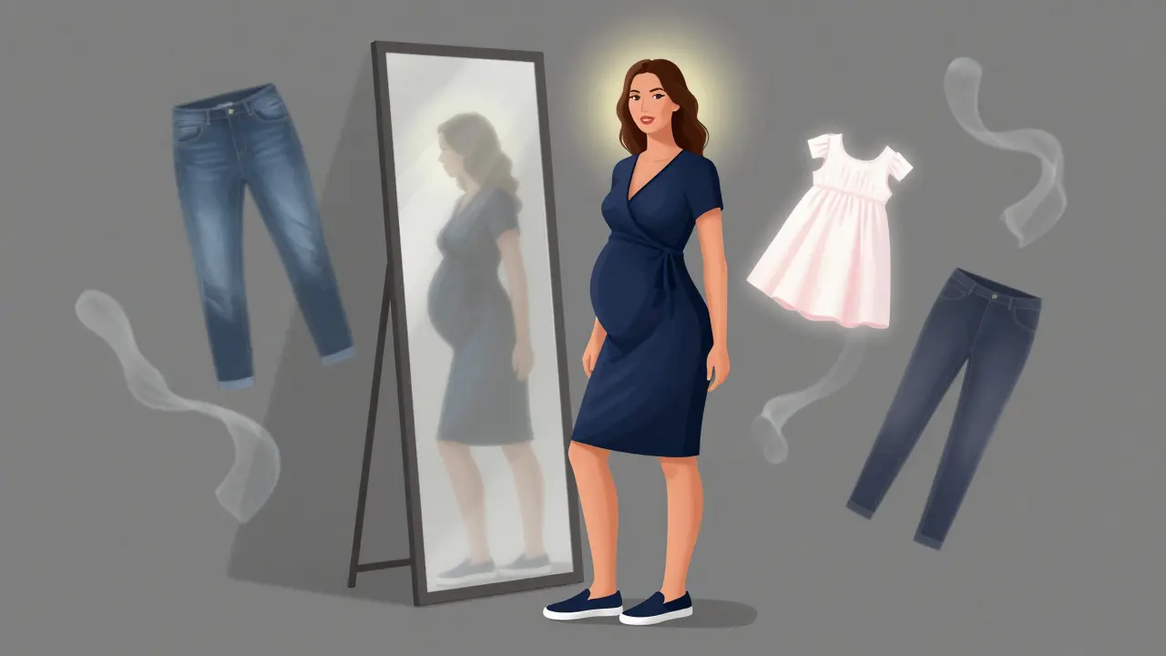 A woman in a wrap dress stands before a mirror, her reflection glowing as old clothes fade away around her.