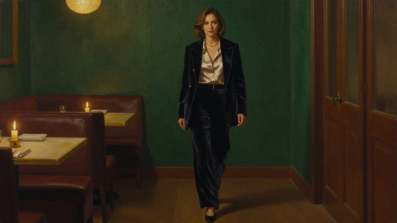 A woman in her 40s in a velvet blazer and silk blouse walking through a warmly lit restaurant hallway.