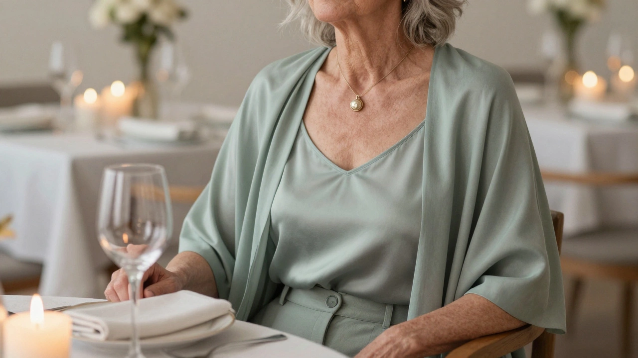 A woman in her 70s seated at dinner, wearing a draped tunic and silk camisole with a locket, candlelight glowing softly.
