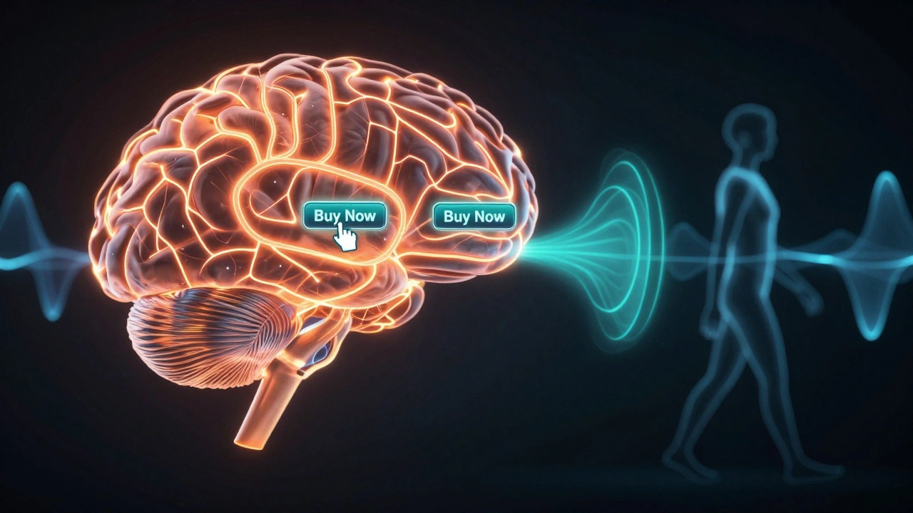Abstract brain illustration showing dopamine spikes from shopping versus calm neural activity.
