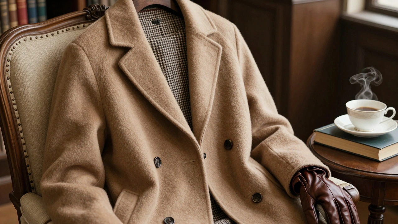 Camel wool coat with subtle houndstooth lining draped over a chair in a quiet library.