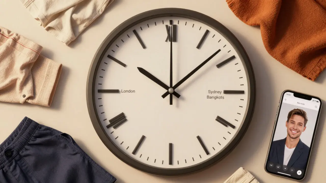 Clock face with global cities as hour markers, overlapped by clothing and a video call, symbolizing ideal time zone coordination.