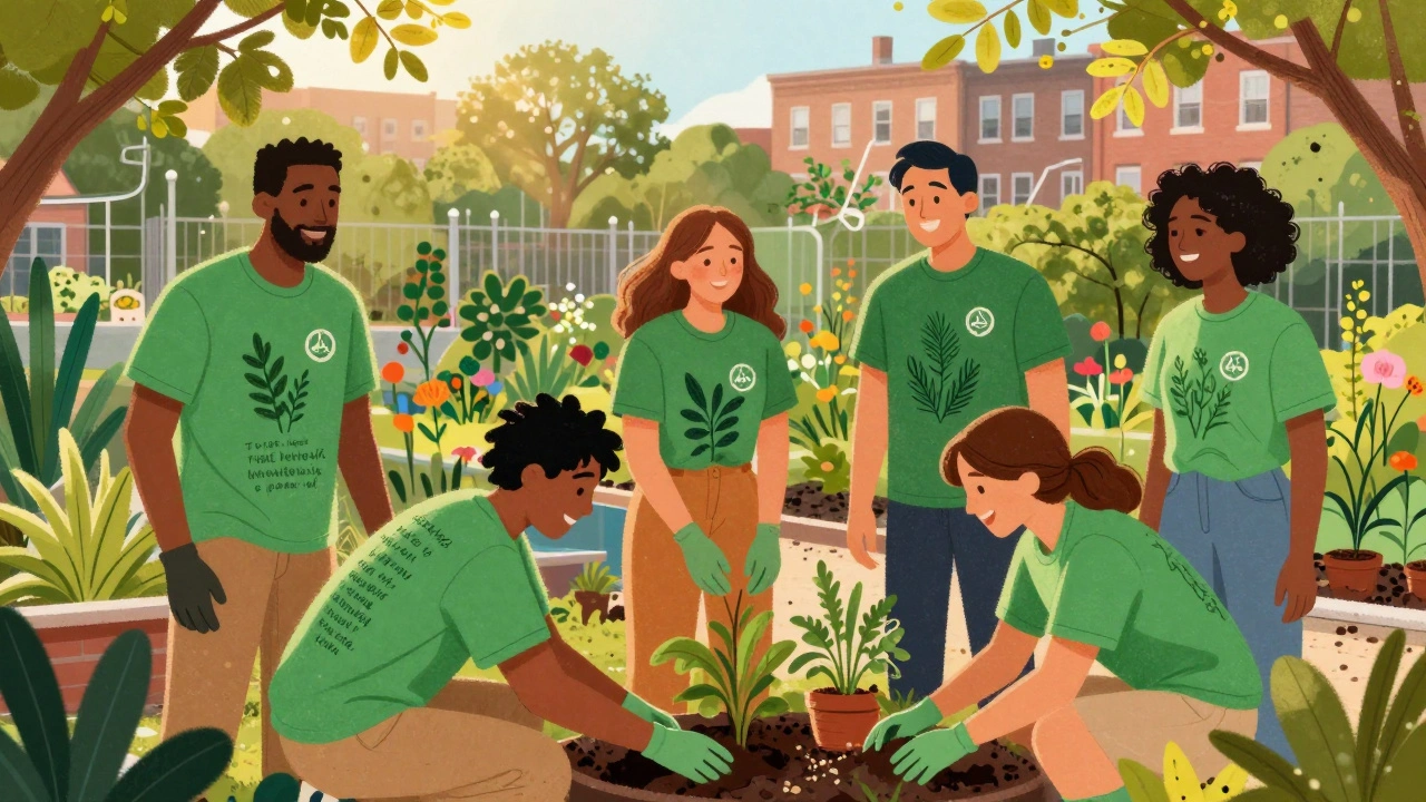 Community garden volunteers in uniquely painted green shirts with a shared logo, planting together.