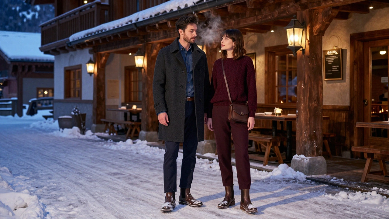 Couple in stylish winter attire standing outside a rustic Alpine restaurant at dusk.
