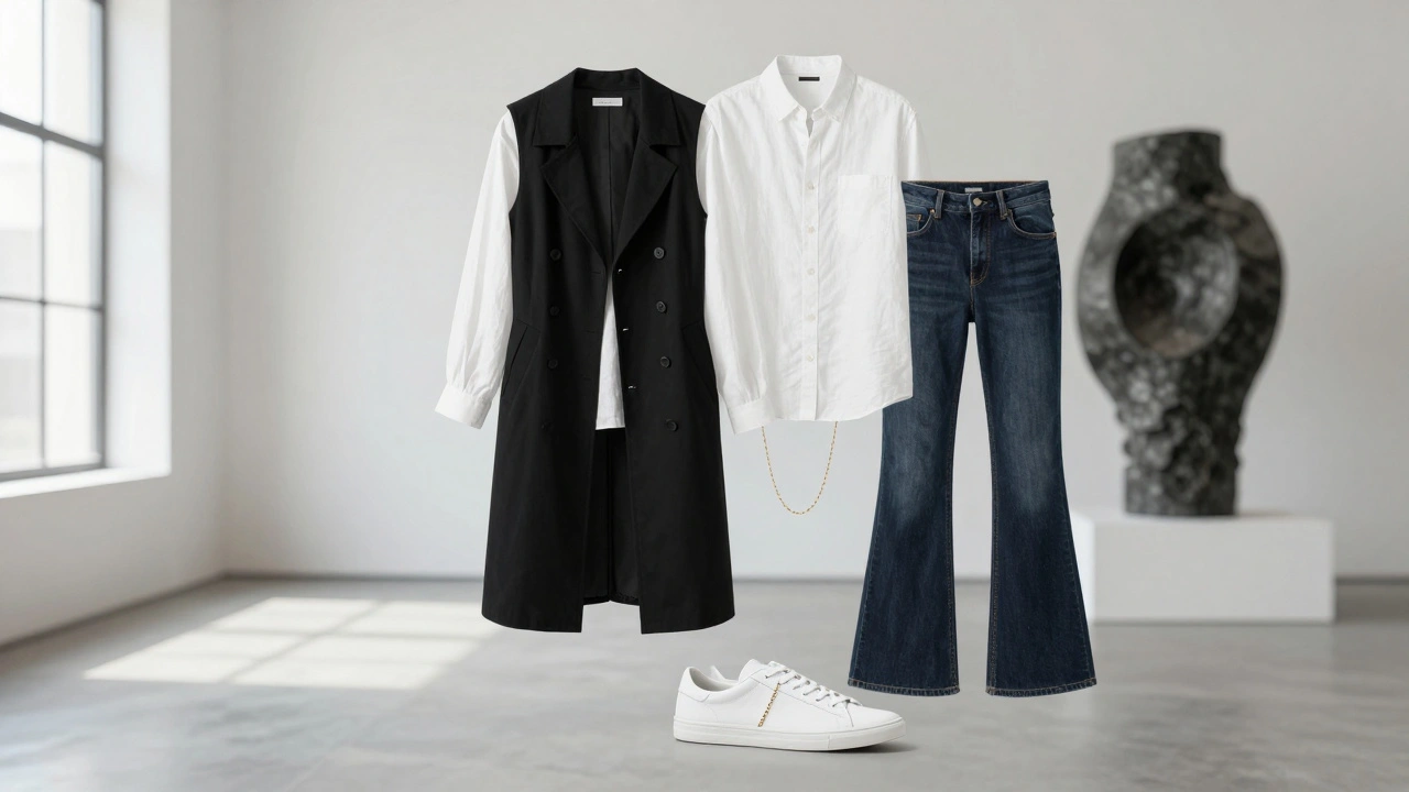 Dark denim and white linen outfit with black vest and minimalist sneakers in a gallery setting.
