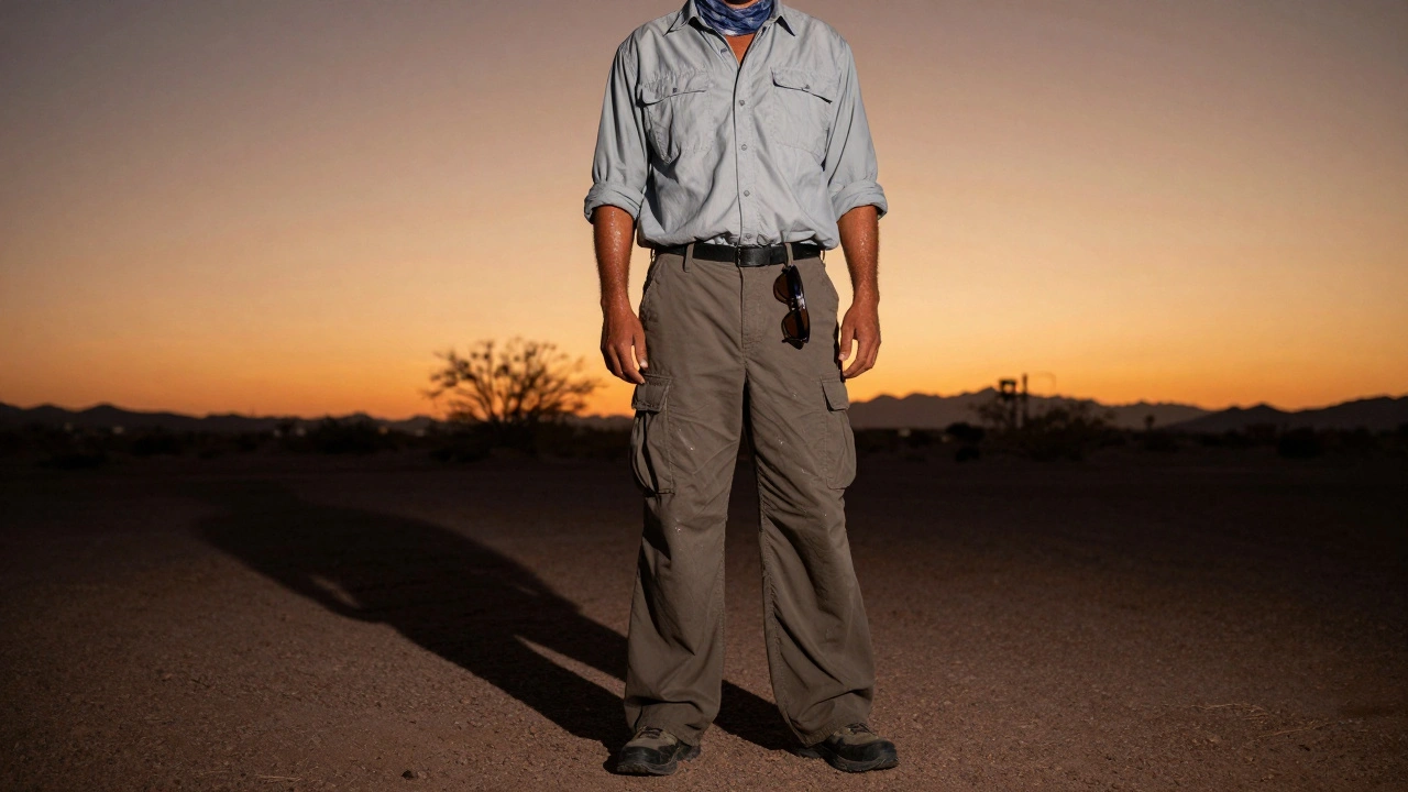 Desert worker in functional light-gray attire at dusk, shadow stretching long, ventilated sandals on hot ground.